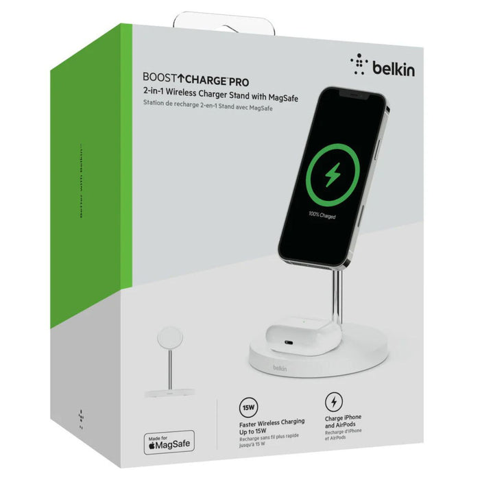 Belkin BOOST↑CHARGE PRO MagSafe 2-in-1 Wireless Charging Stand for Apple– White